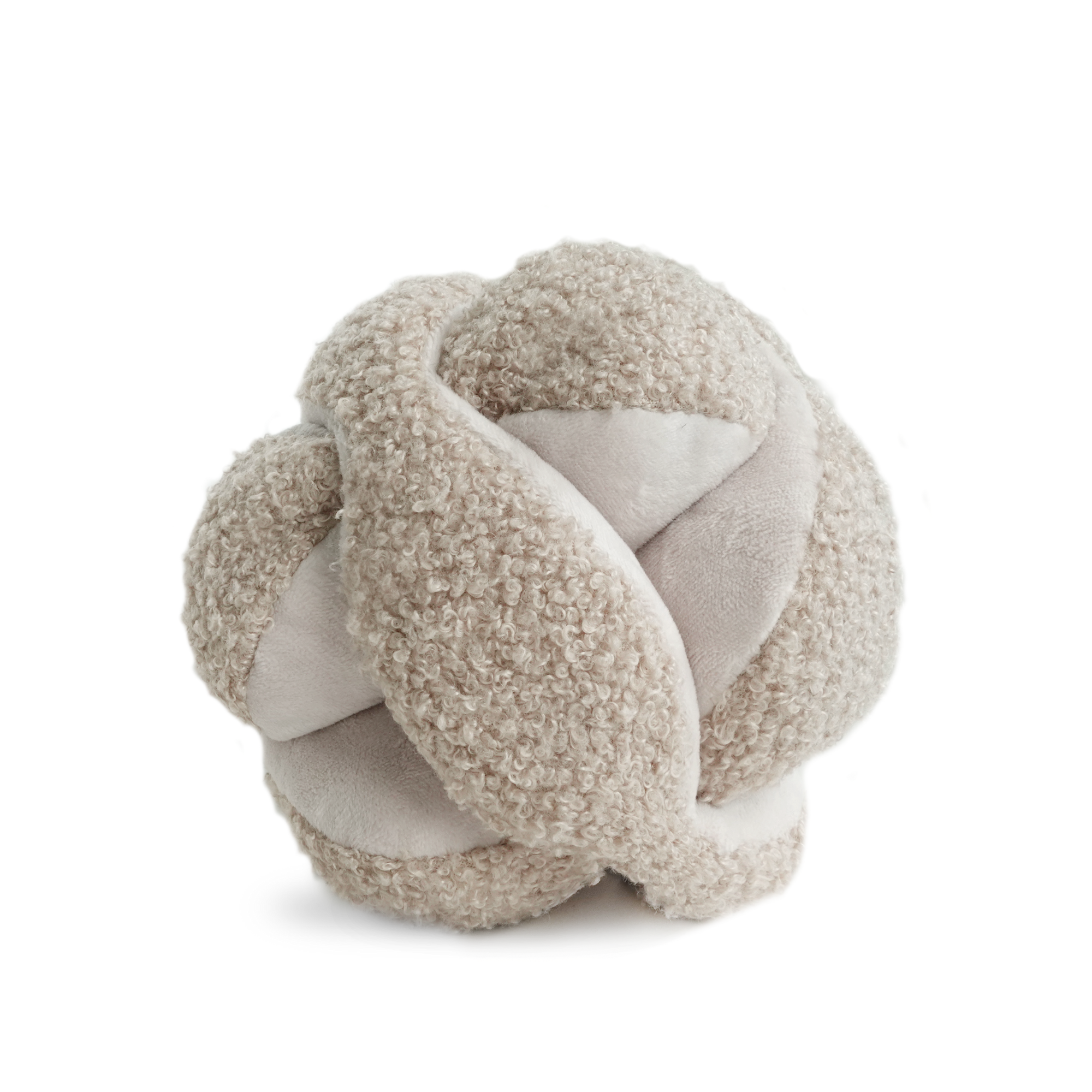 Soft, knotted beige throw pillow adds texture and comfort to a couch or bed.