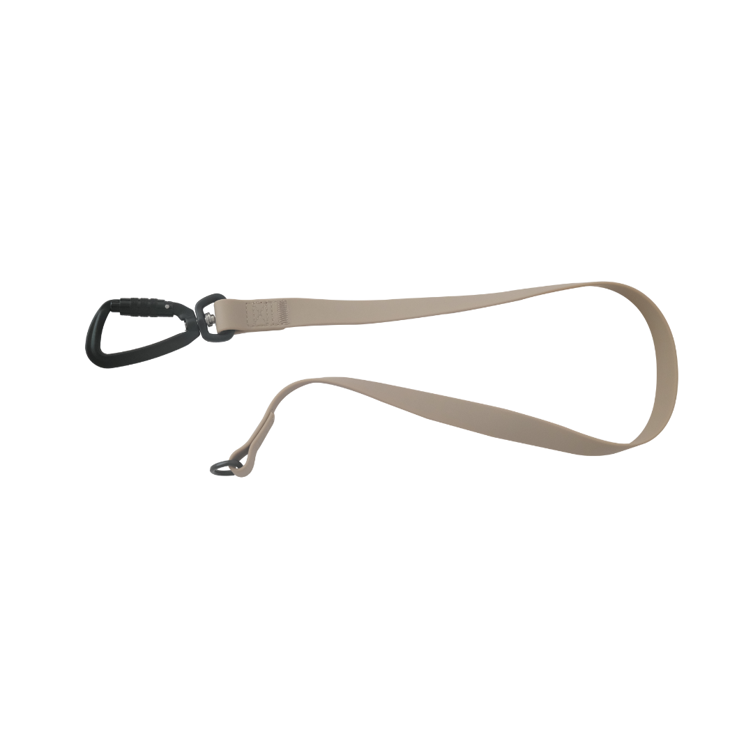 A durable, tan dog leash features a black metal carabiner clasp.