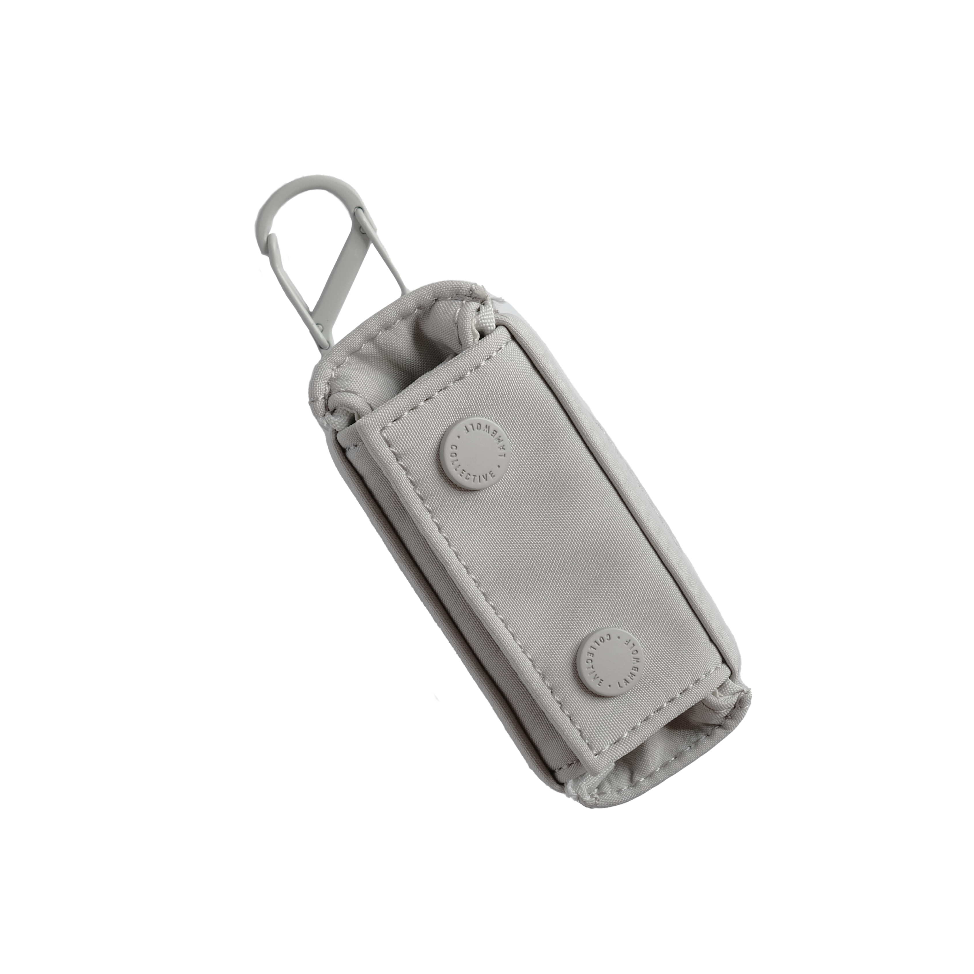 A gray nylon earbud case with a silver clip hangs from a white surface.