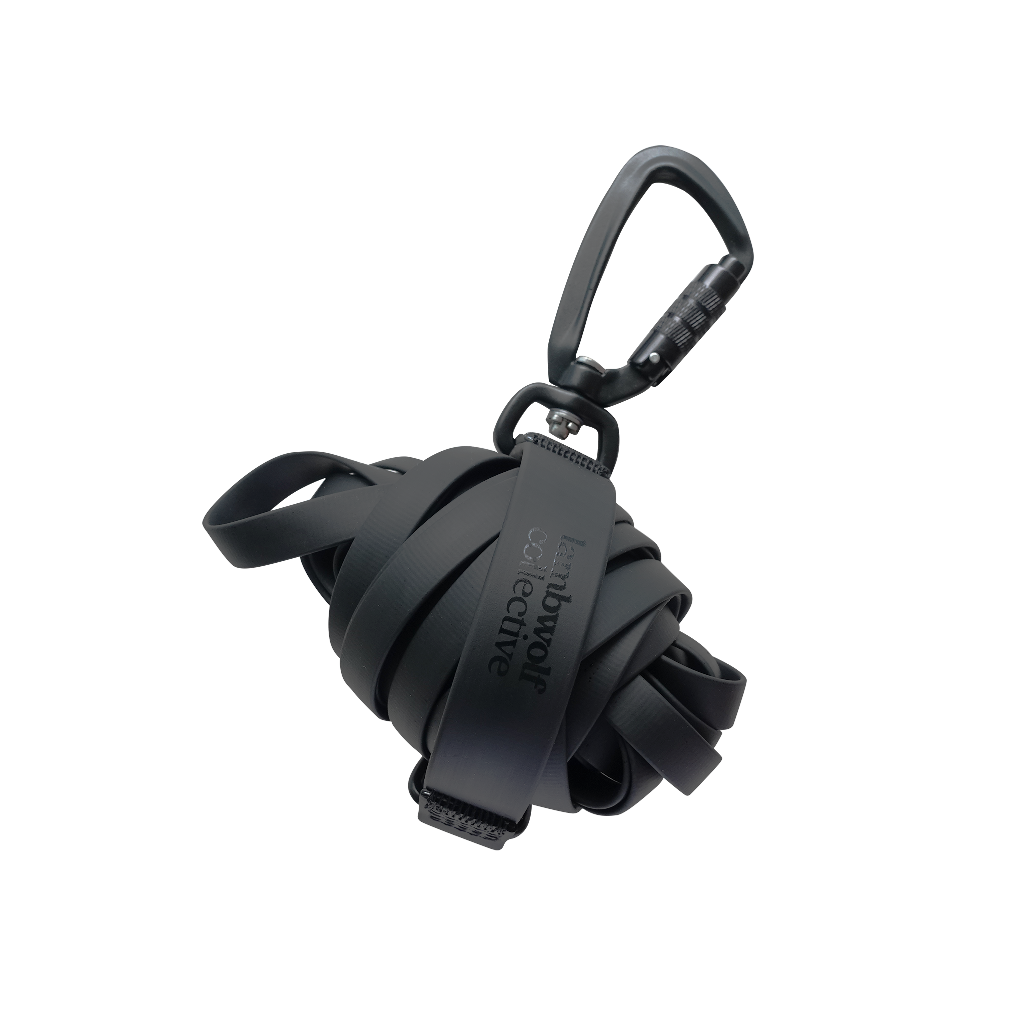 A coiled black Ironwolf Collective dog leash with a carabiner clip.