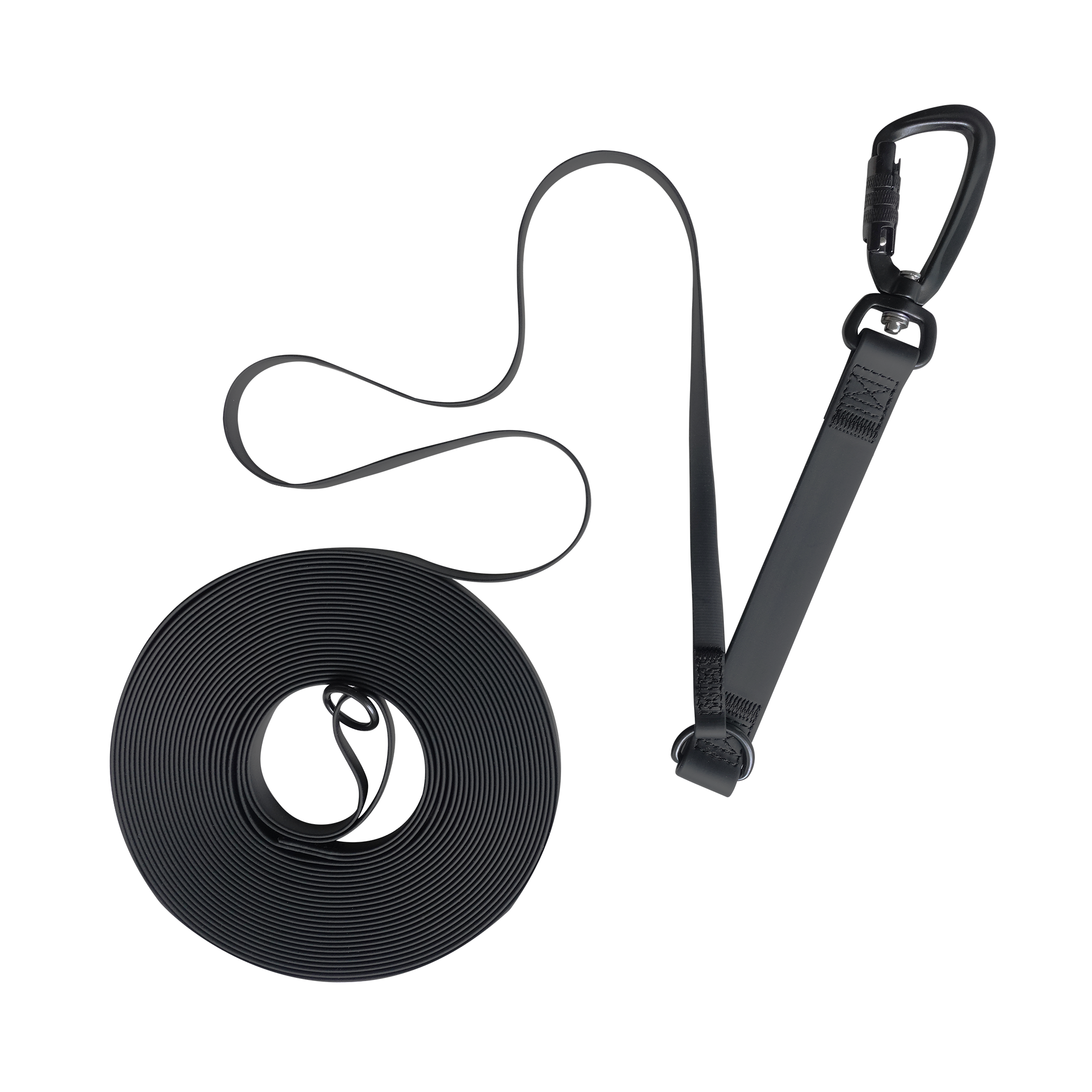 A black dog leash, neatly coiled and featuring a secure carabiner clip, lays ready for use.