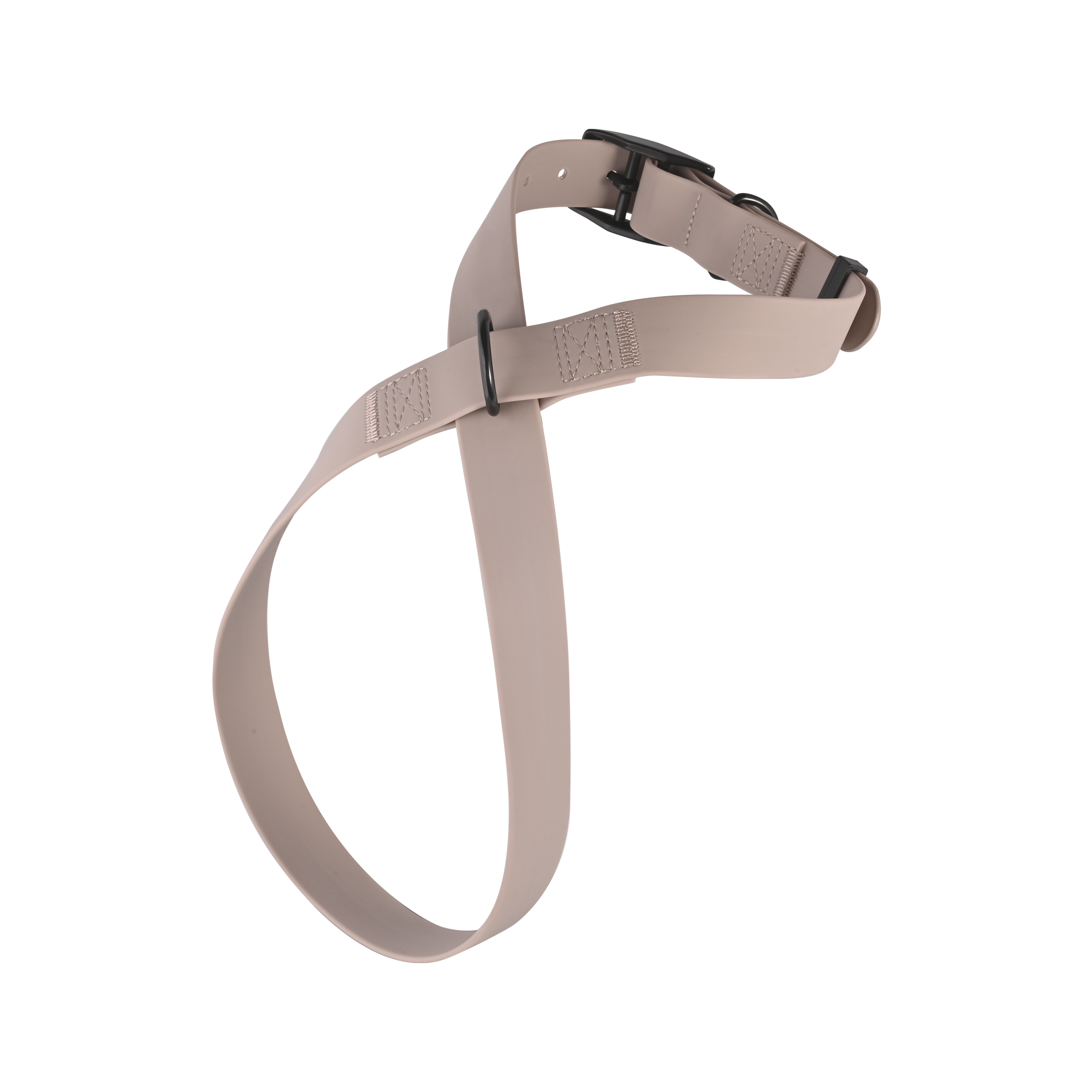 Tan dog harness with black metal hardware.