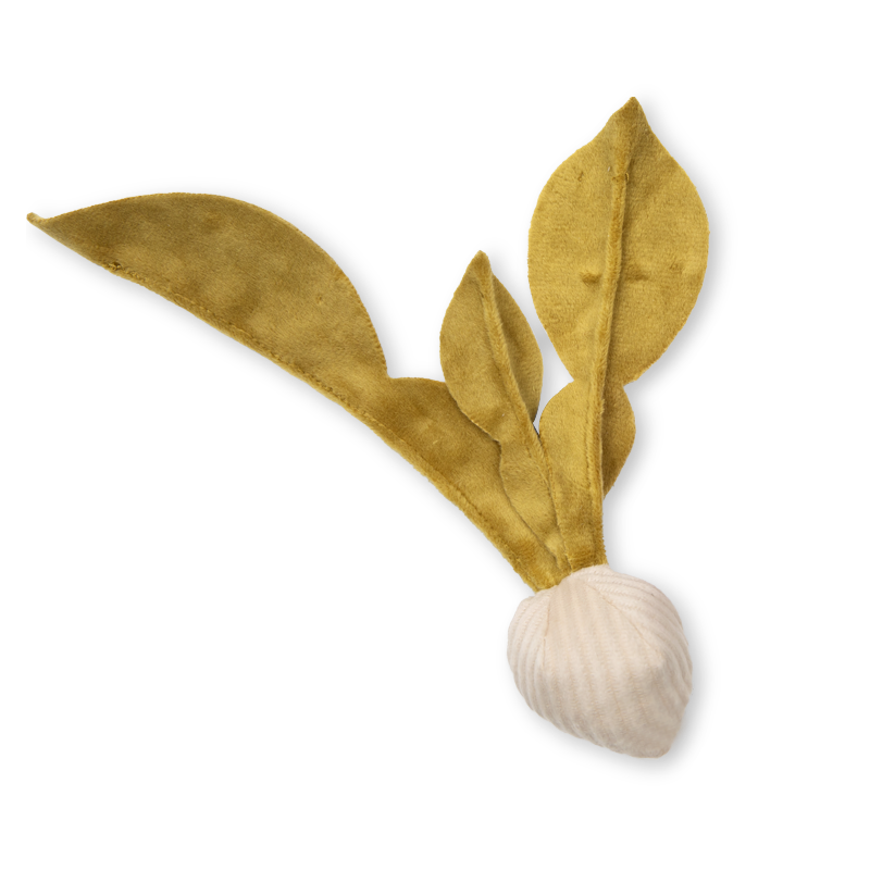 Plush turnip toy features bright yellow leaves and a cream-colored root.  
