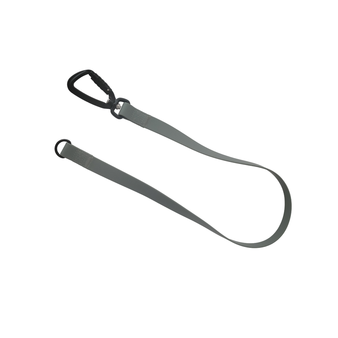 "Gray dog leash displays secure metal clasp and handle loop." 

