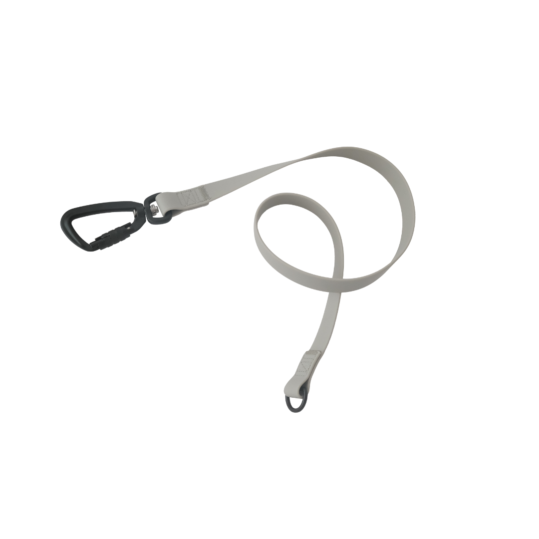 Gray dog leash features a black metal carabiner clip and a smaller loop for attaching accessories. 
