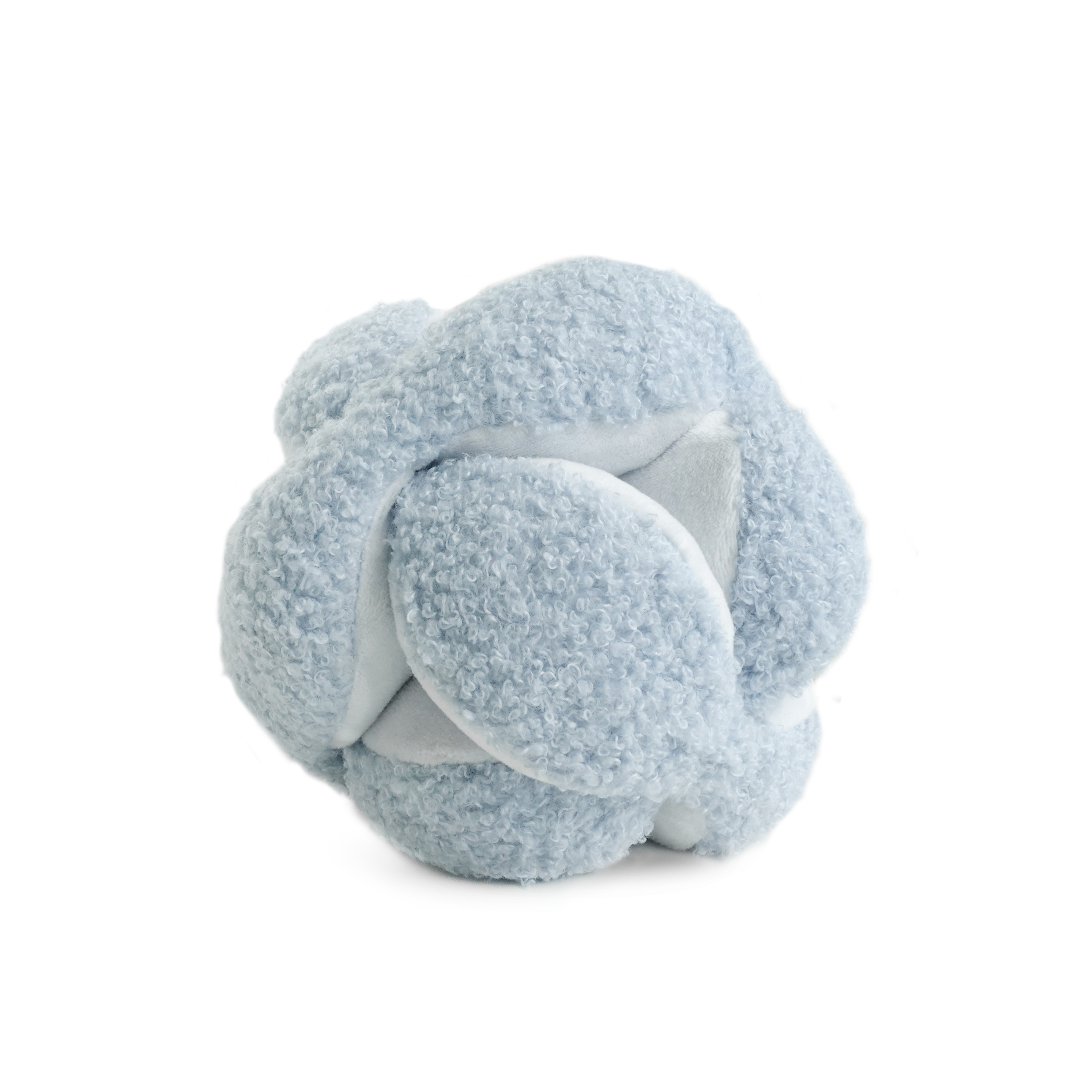 Blue plush sensory ball for babies features a textured surface for tactile exploration. 
