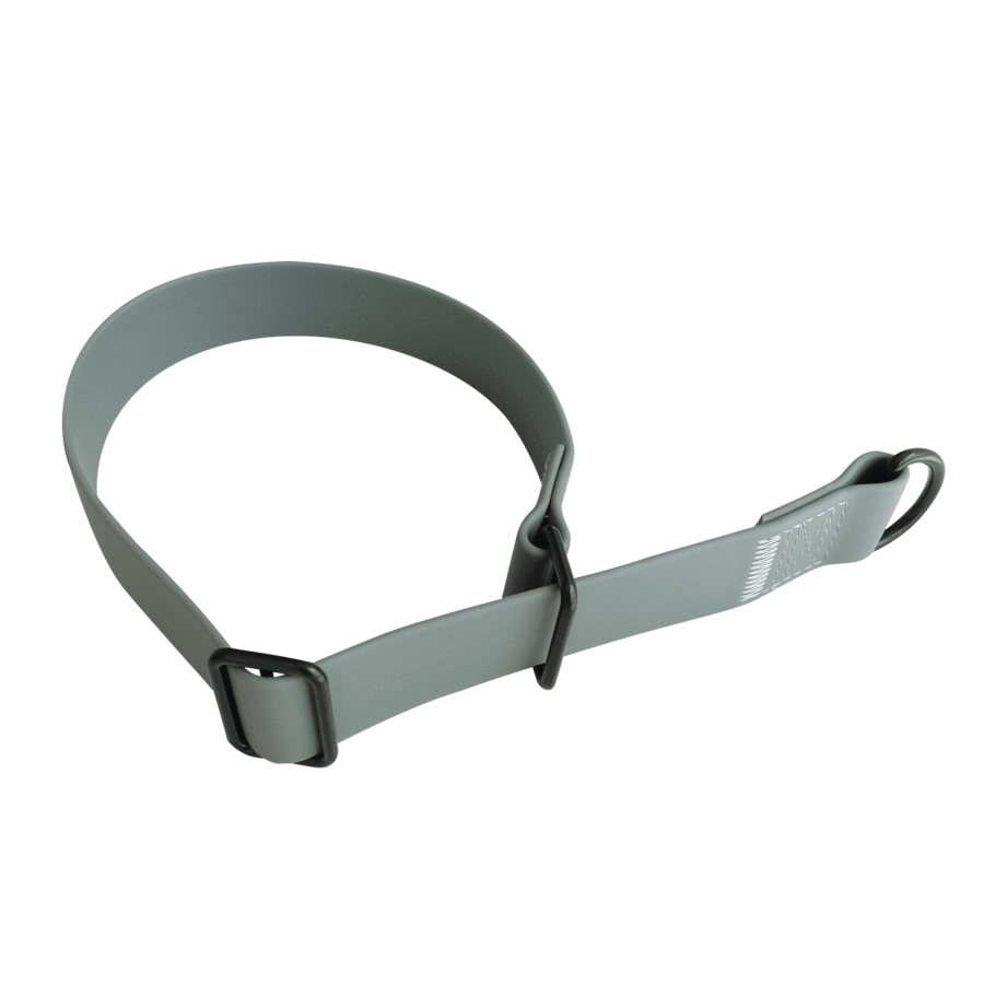 A gray waterproof dog collar, featuring a secure metal buckle closure and a D-ring leash attachment, lies flat against a black background. 
